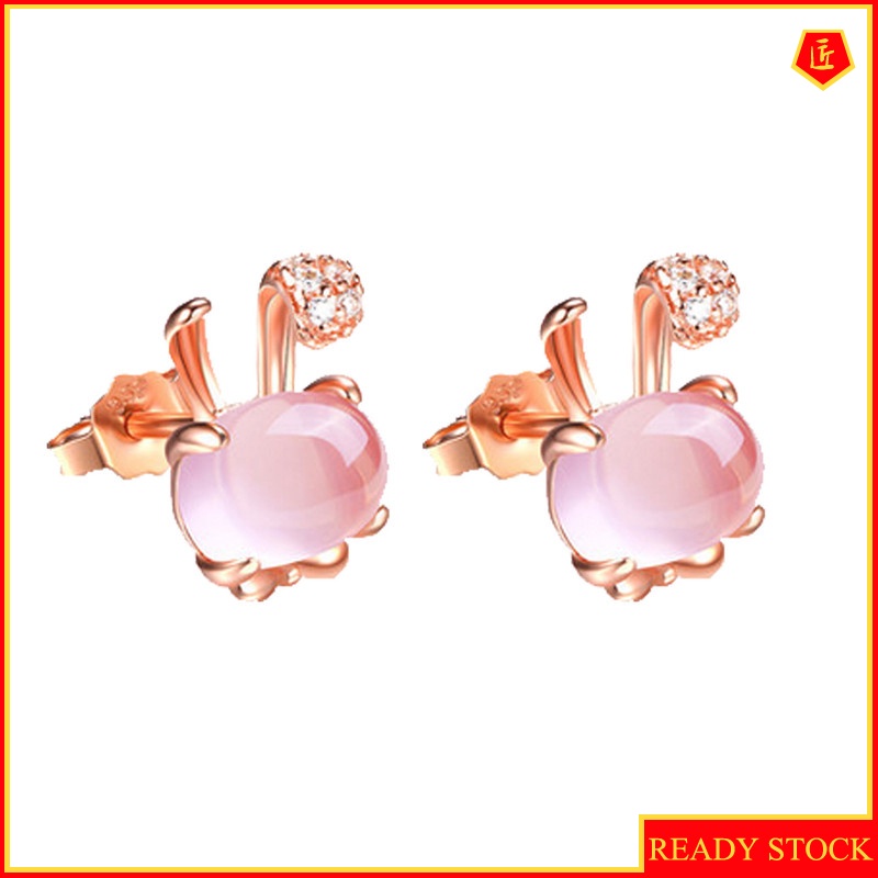 [Ready Stock]Female Silver Hibiscus Gem Pink Crystal Rabbit Earrings