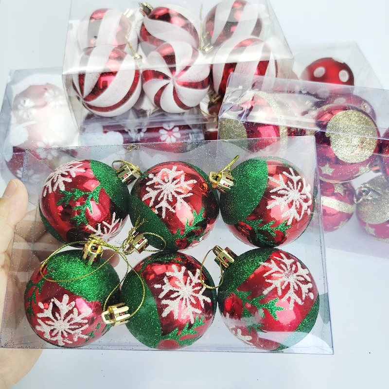 Christmas Home Decoration Products / 6 Pcs 6CM Christmas Ball Ornaments For Xmas Tree / Snowflake Stripe Dot Red Christmas Tree Hanging Pendant / Festive Party Decorative Supplies