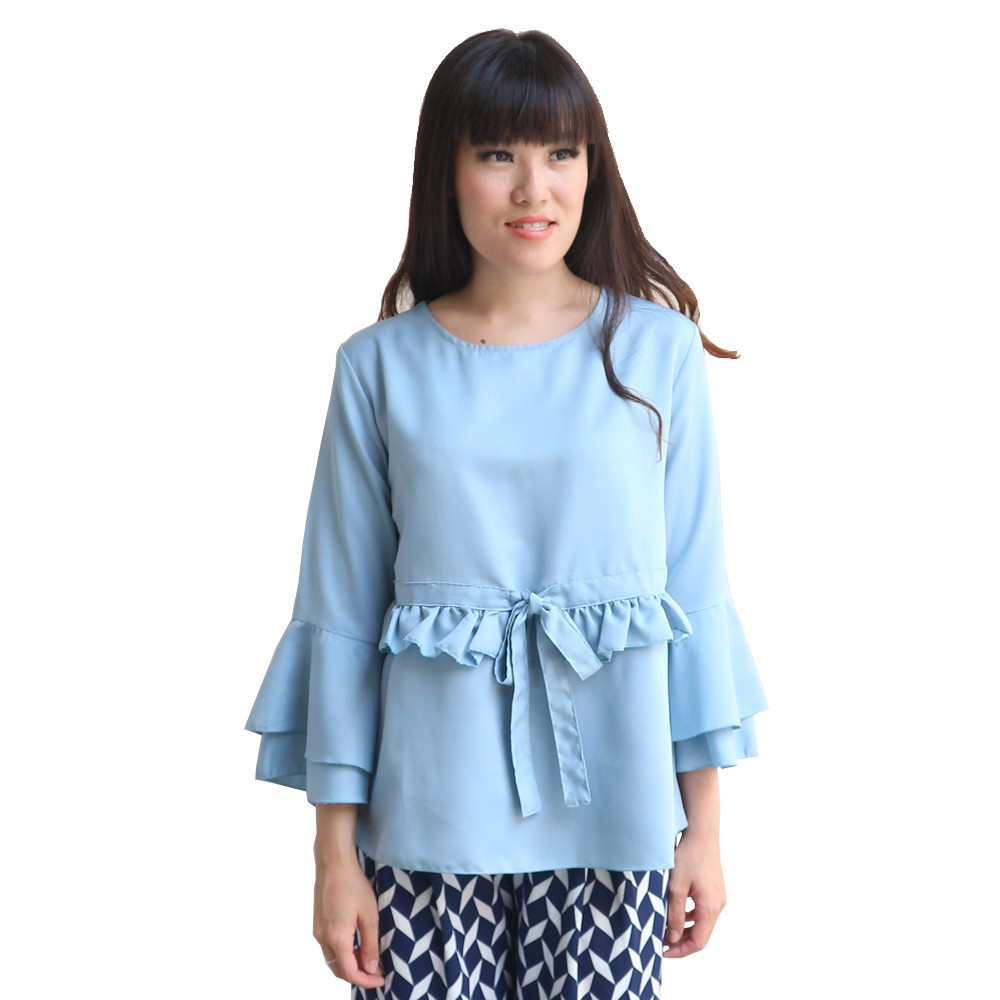 Blus Lengan Panjang Wanita Blus Kantor MS PORTER Natasha Ruffle Ribbon Biru Muda