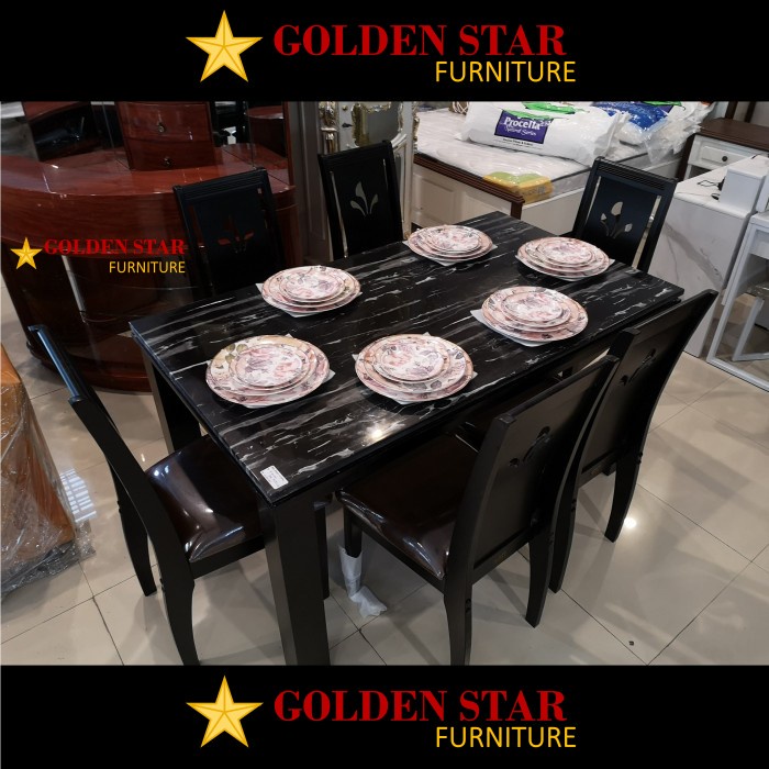 SET Meja Makan Batu Marmer Kayu Minimalis 6 kursi Furnilux Savero