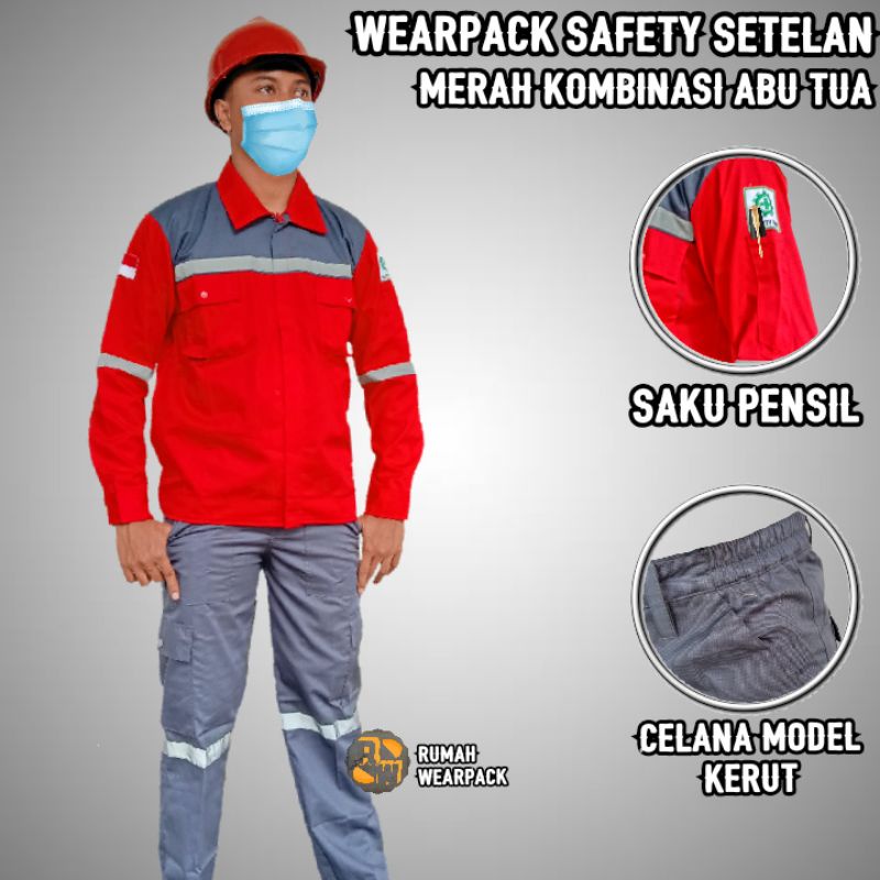 Wearpack Proyek  dan Celana Kerja Setelan Warna Merah Kombinasi Abu Tua