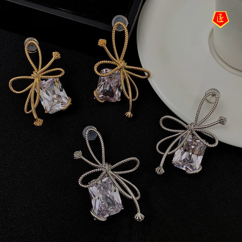 [Ready Stock]Simple Elegant Niche Bowknot Gem Earrings