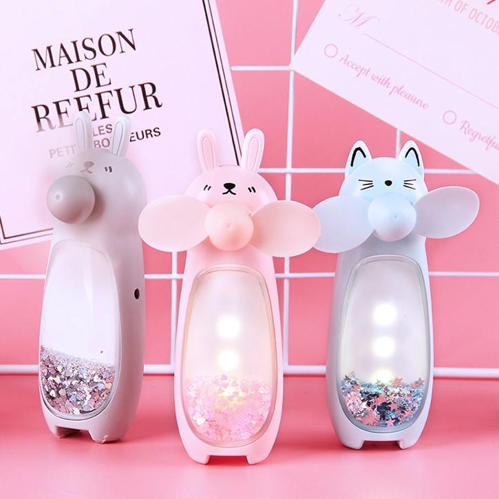 Kipas Angin Portable USB karakter LED + Glitter KT Mini Fan Mungil Lucu bisa digenggam