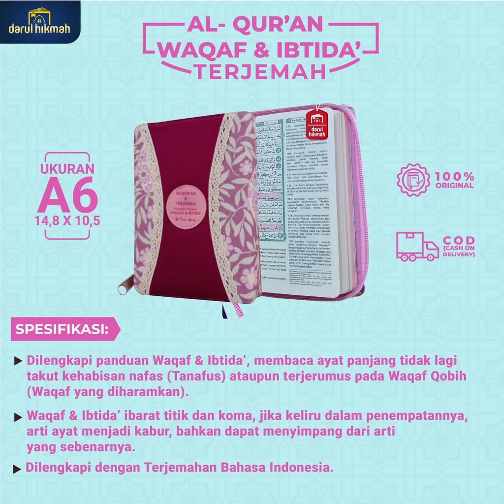 Jual Al Quran Muslimah Resleting Waqaf Ibtida Terjemahan Motif Cover Kain Cantik Ukuran A