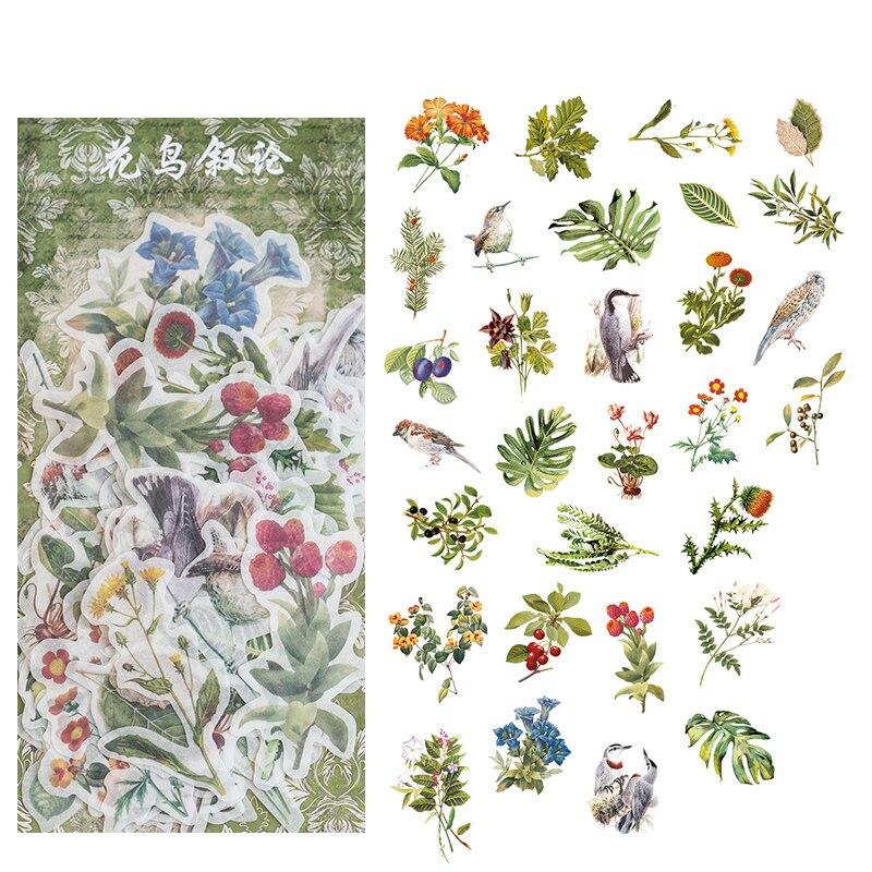 Journamm 60pcs Vintage Plant Stickers Deco Journaling Stationery Washi Paper Retro Material Flowers Leaves Plants Deco Stickers-H