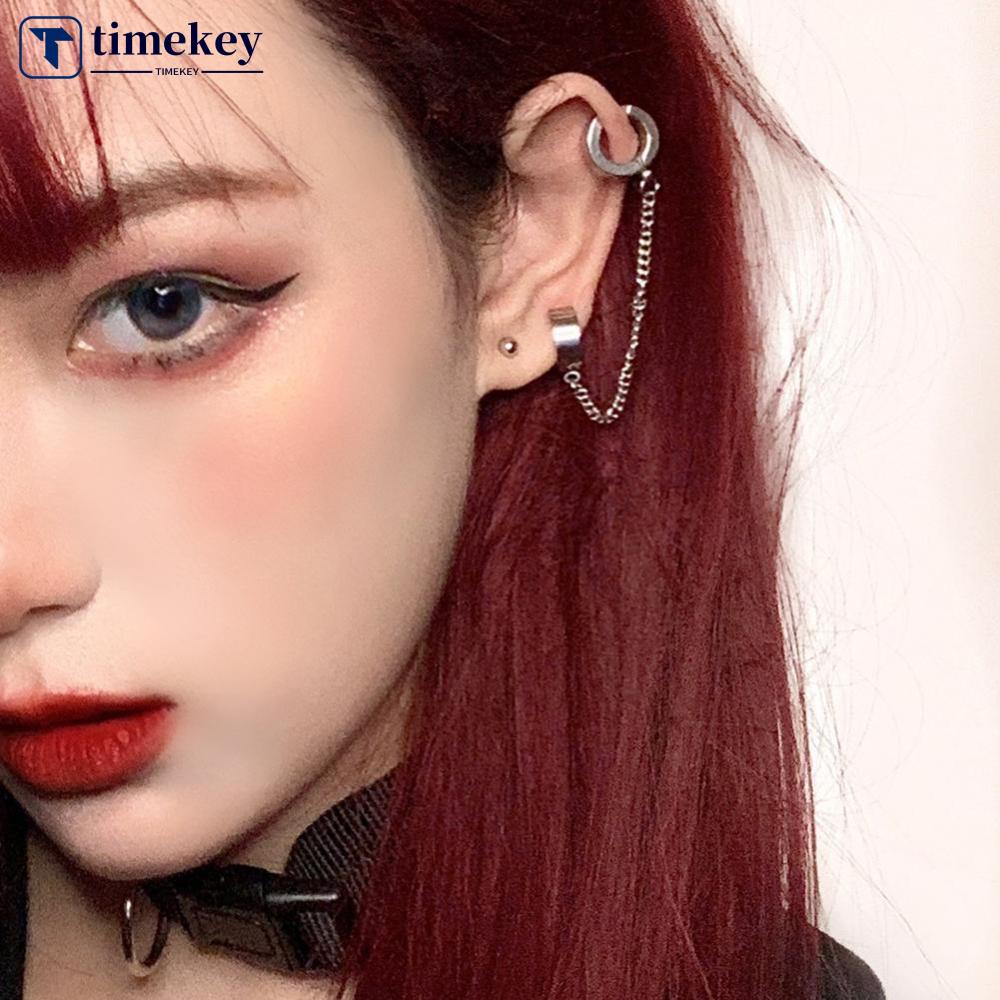 Timekey Anting Tusuk Rantai Stainless Steel Gaya Punk Untuk Wanita A3K6