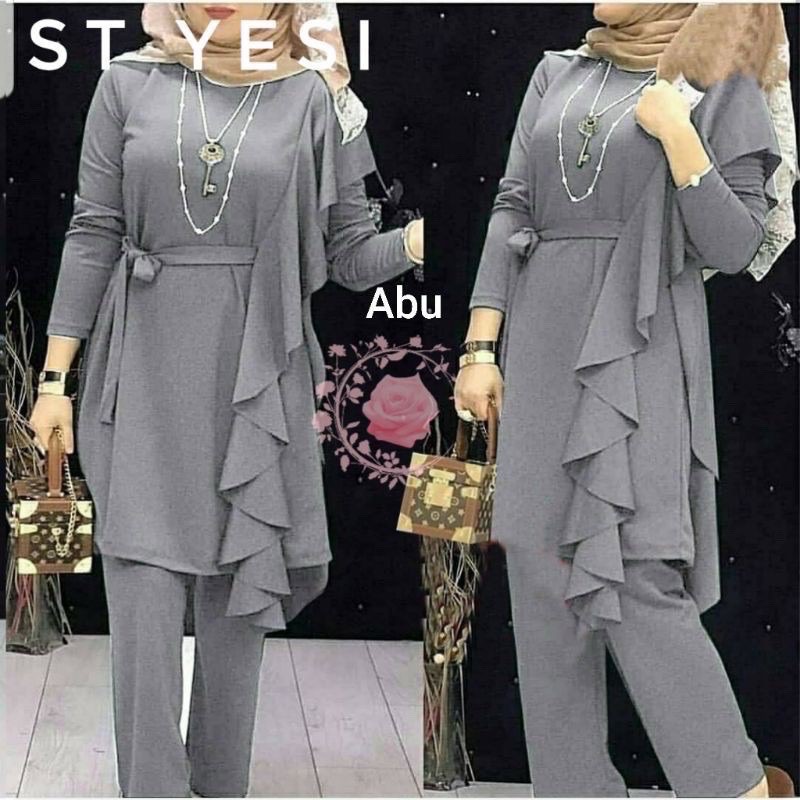 SETELAN TUNIK JESI/ BAHAN MOSCREPE IMPORT/ SIZE L-XL-2XL-3XL/ SETELAN CELANA/ SETELAN MUSLIM JUMBO