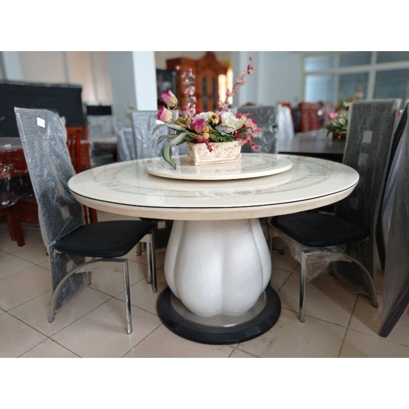 Meja Makan Marmer Import bulat + 6kursi besi