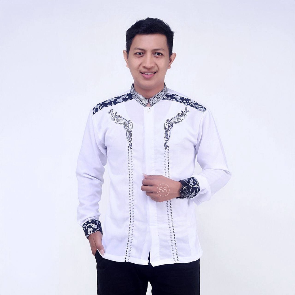 Baju Muslim Pria Modern Motif Batik Kombinasi Bordir
