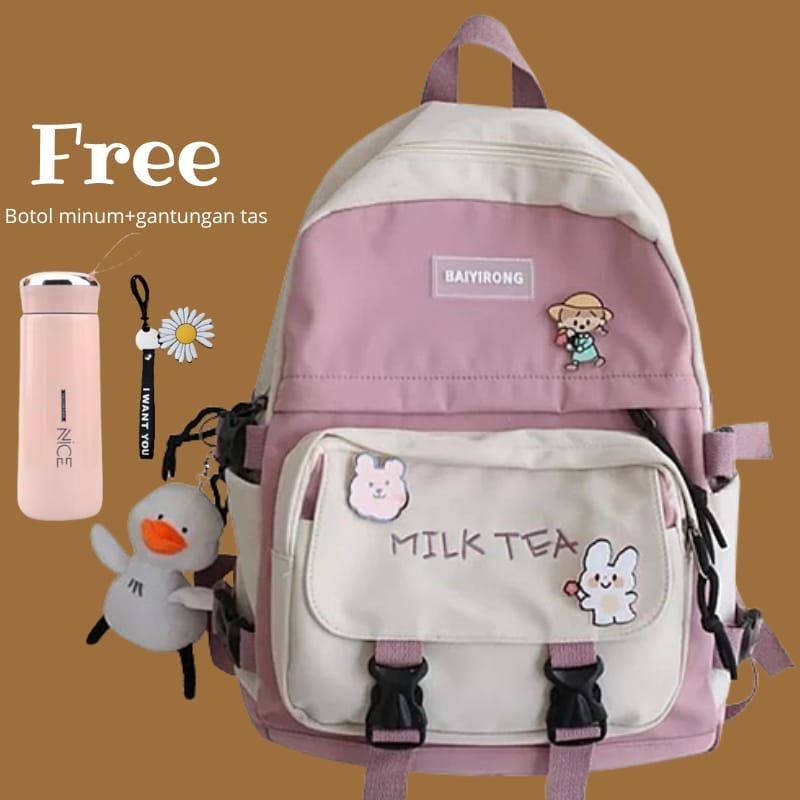 GTB TAS RANSEL WANITA TERBARU MODEL KOREA KANVAS BACK TO SCHOOL TAS WANITA MILK TEA  INCLUDE / BROS Tas Kekinian Tas Casual