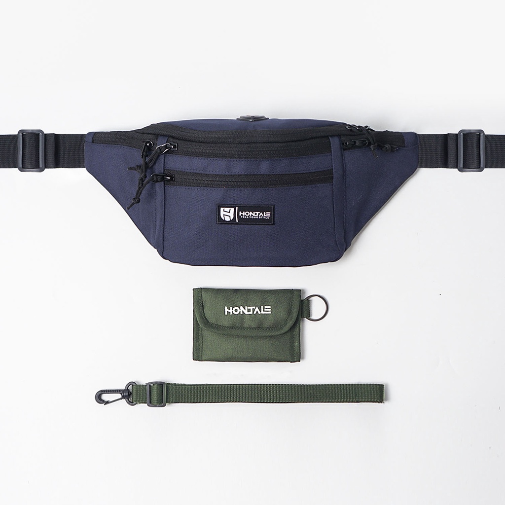 HONTALE | Bundling Tas Waistbag Muzzle Navy + Flast Hanging Wallet Green