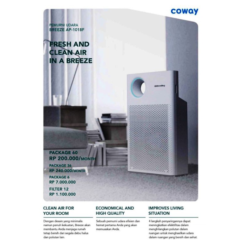PROMO Air purifier coway tipe BREEZE AP-1018F cicilan 36x bunga 0%