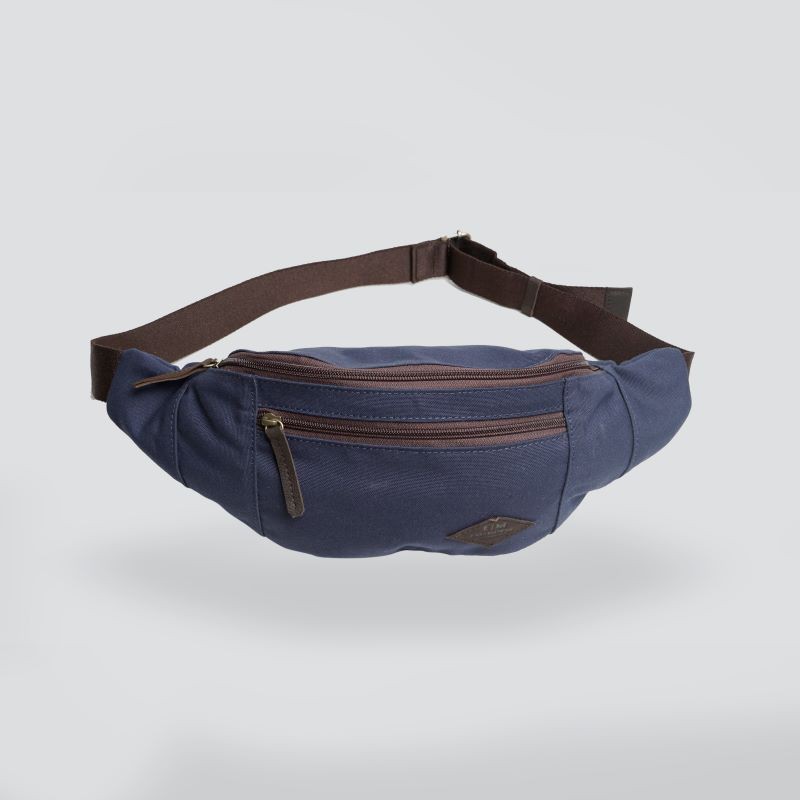 Tas Waistbag Selempang Pinggang IDAHO Biru Navy Kanvas TEBAL Water Repellent &amp; Kulit ASLI