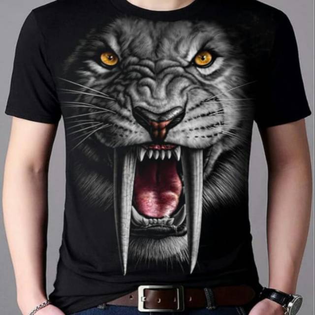 Kaos fashion pria model singa taring panjang L bahan spandex halus adem