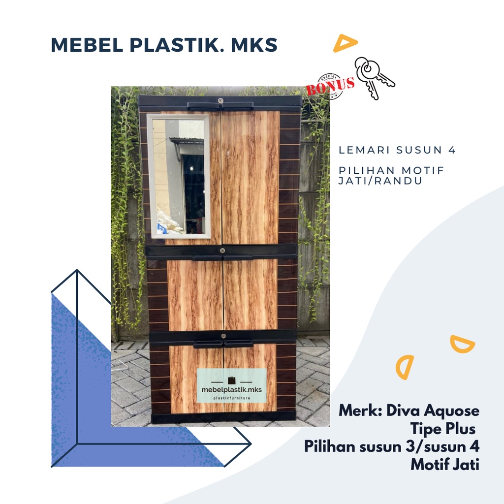 Lemari Plastik/ Lemari Susun 4 Kaca Kunci/ Lemari Pakaian Full Rak Aquose Diva Plus Kaca Motif Kayu 