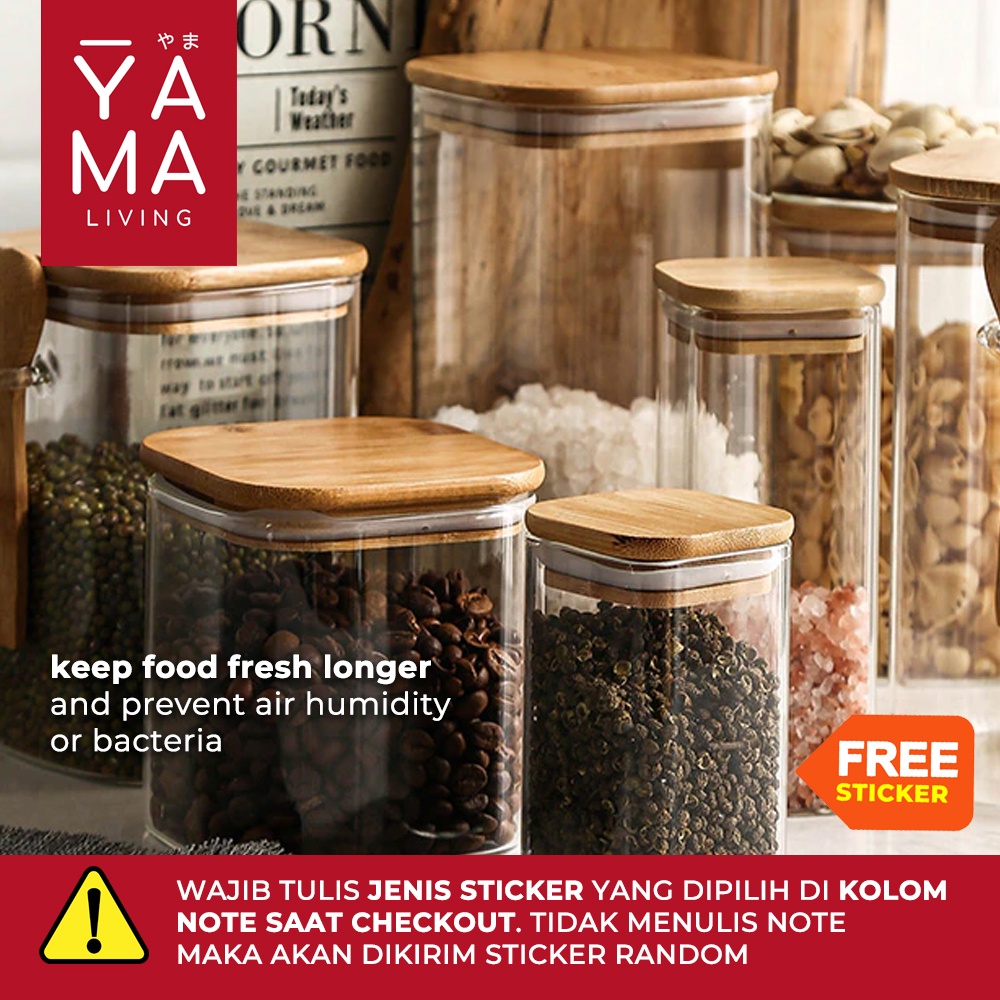 YAMA DASHI Square Seasoning Bamboo Jar Toples Kedap Udara Kotak Kaca Tempat Bumbu Dapur Borosilicate Glass