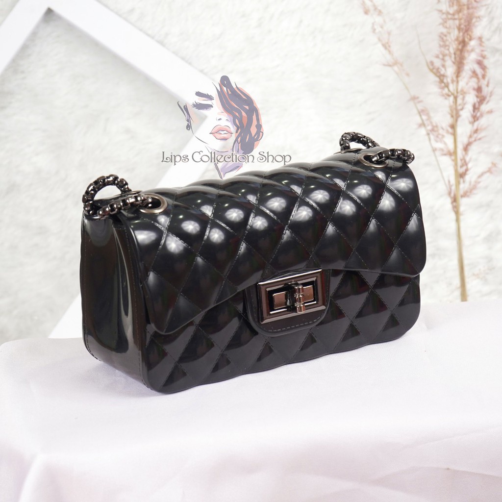 Tas Jelly Glossy Size 18 Cm Rantai Hitam | Tas Slempang Batam