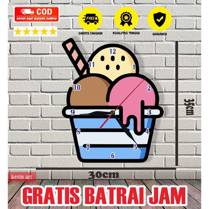 JAM DINDING BESAR LUCU UNIK KARTUN KARAKTER GAMBAR ICE CREAM DEKORASI DINDING MINIMALIS ARTISTIK ANIMASI ANAK MODERN MEWAH BAGUS ANTIK KWALITAS TERBAIK PALING LARIS