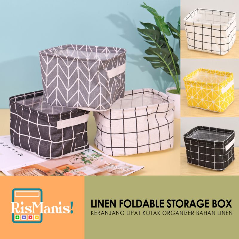 LINEN FOLDABLE STORAGE BOX - Kotak Organizer Keranjang Lipat Box Tempat Penyimpanan Motif Kain Katun