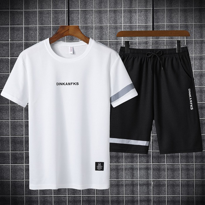 Celana Pendek Baju Olah Pria Setelan Olahraga Pria Set Kaos Round & Celana Pendek - Putih, M (L4R4) 