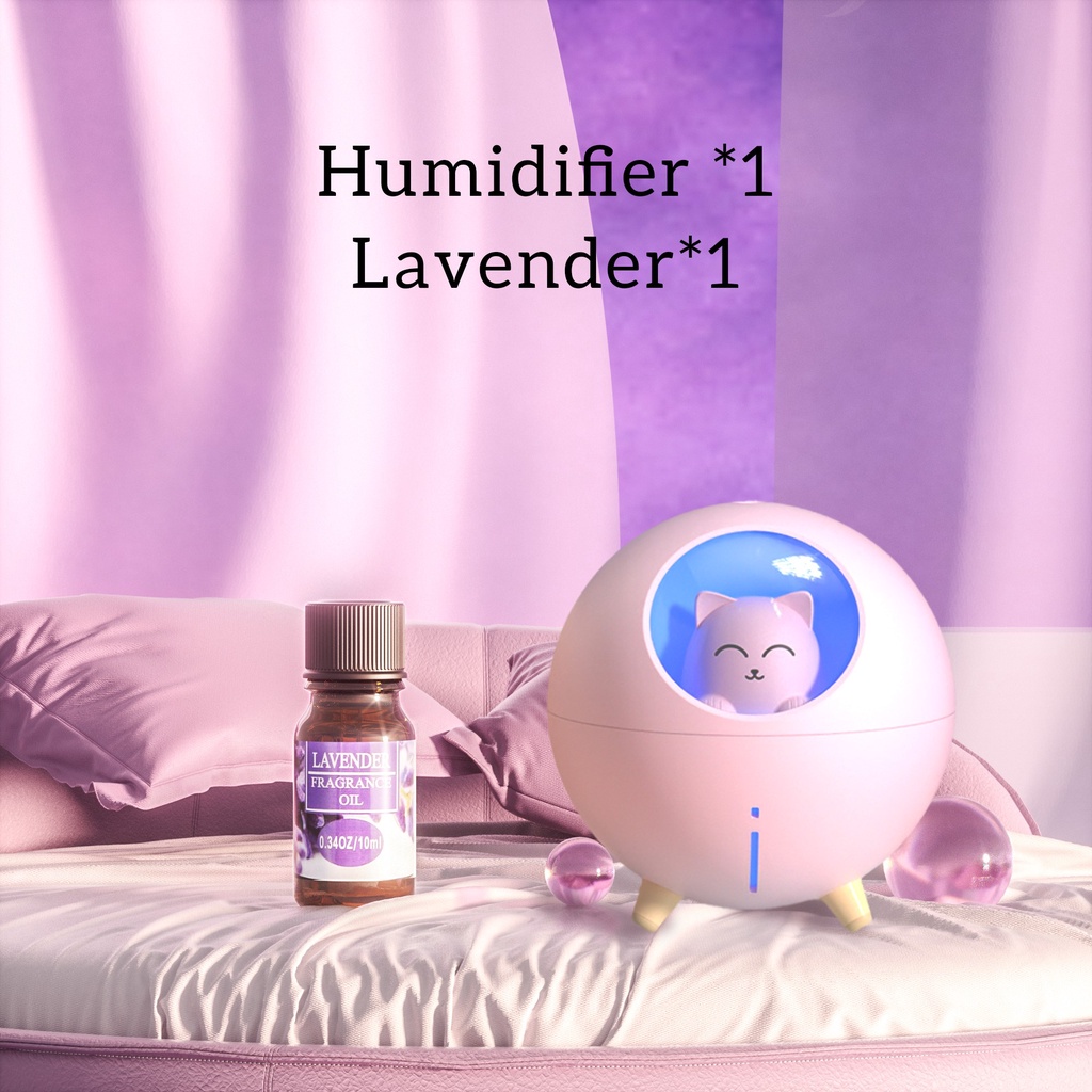 [endear]100% ORI anak kucing Humidifier 220ML Essential Oil Diffuser Aroma Terapi Pengharum Ruangan-Pink *1+OIL*1