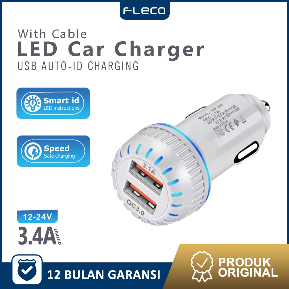 Car Charger Colokan Mobil 2 Ports Saver F-87 FLECO Gratis Kabel