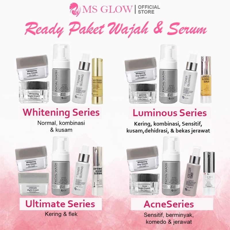 MS GLOW [𝐁𝐏𝐎𝐌] PAKET WHITENING ACNE ULTIMATE LUMINOUS ORIGINAL 100% Paket Wajah Lengkap Semua Series Msglow