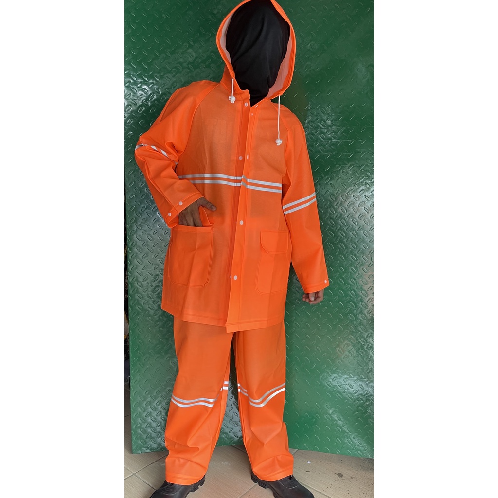 Jas Hujan PVC Orange - Jas Hujan PVC Karet Tebal - Jas Hujan Oren - Jas Hujan Setelan Karet