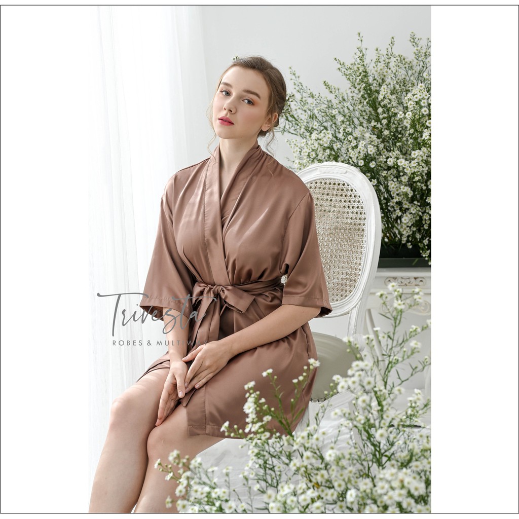 Basic Robe - KIMONO BRIDESMAID SATIN WARNA BRUNETTE + FREE BORDIR (TULISAN BEBAS BISA NAMA)