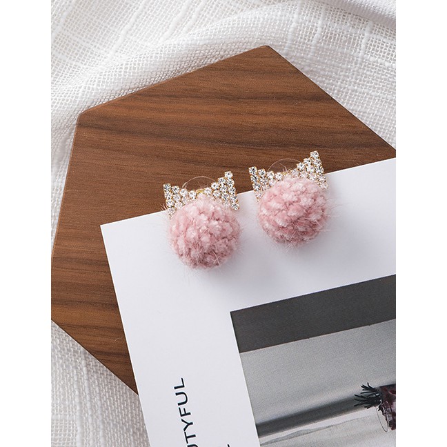 LRC Anting Tusuk Fashion Pink 925 Silver Pin With Rhinestone Bow Ball Earrings D48784