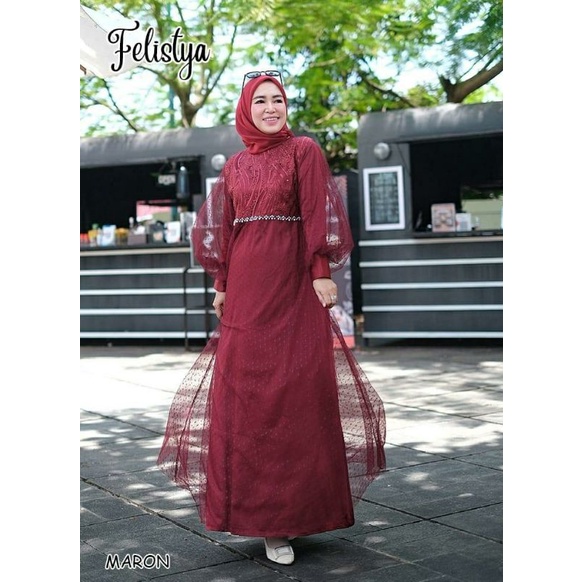 Felistya Maxy, GAMIS LEBARAN SUPER CANTIK FIT XXL LD 110 BAHAN TILE DOT KOMBI MAXMARA VELVET MIX TILE BORDIR PEARL TERMURAH