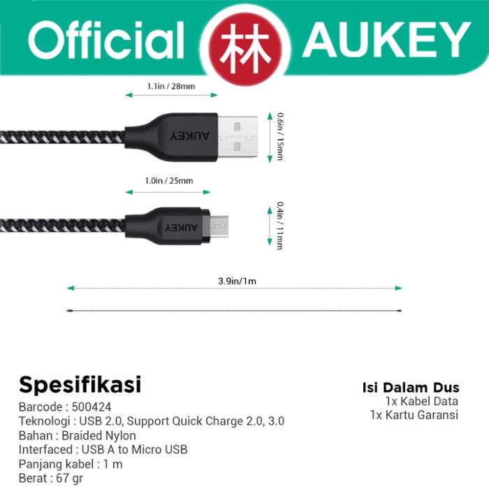 Aukey CB-BAM1 Data Cable Micro USB Braided Nylon USB 2.0