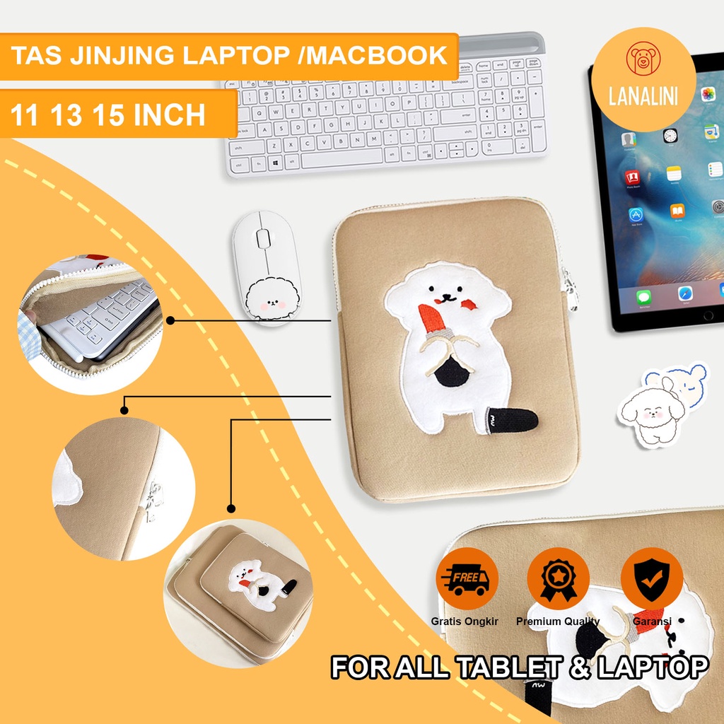 Sleeve Pouch Sarung Tas Bag Case Ipad Tab Tablet Macbook Air Pro Laptop Asus Acer Lenovo HP Huawei 11 12 13 14 15 inch Motif Gambar Kartun Anjing  Dog Poodle Warna  SOft Brown Khaki Cute Murah Korean Model