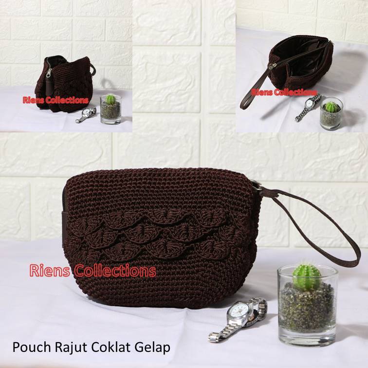 DOMPET RAJUT POUCH RAJUT TRIPLE BAHAN NYLON WARNA COKLAT TUA RIENS COLLECTIONS