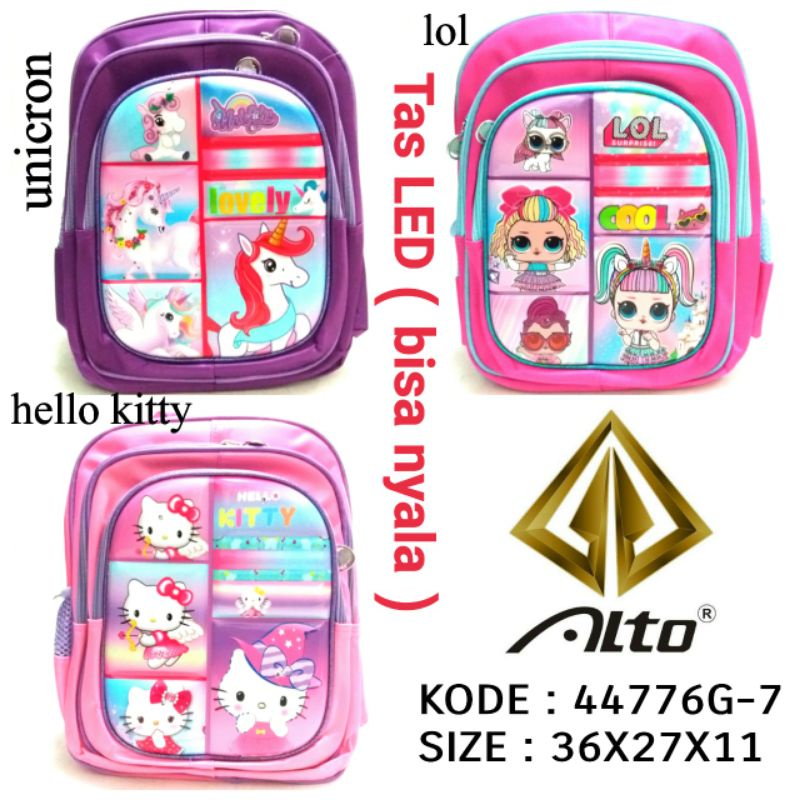 TAS RANSEL LED LAMPU SEKOLAH ANAK CEWEK TK TERBARU BY ALTO 44676G-7 UNICORN LOL HELLO KITTY