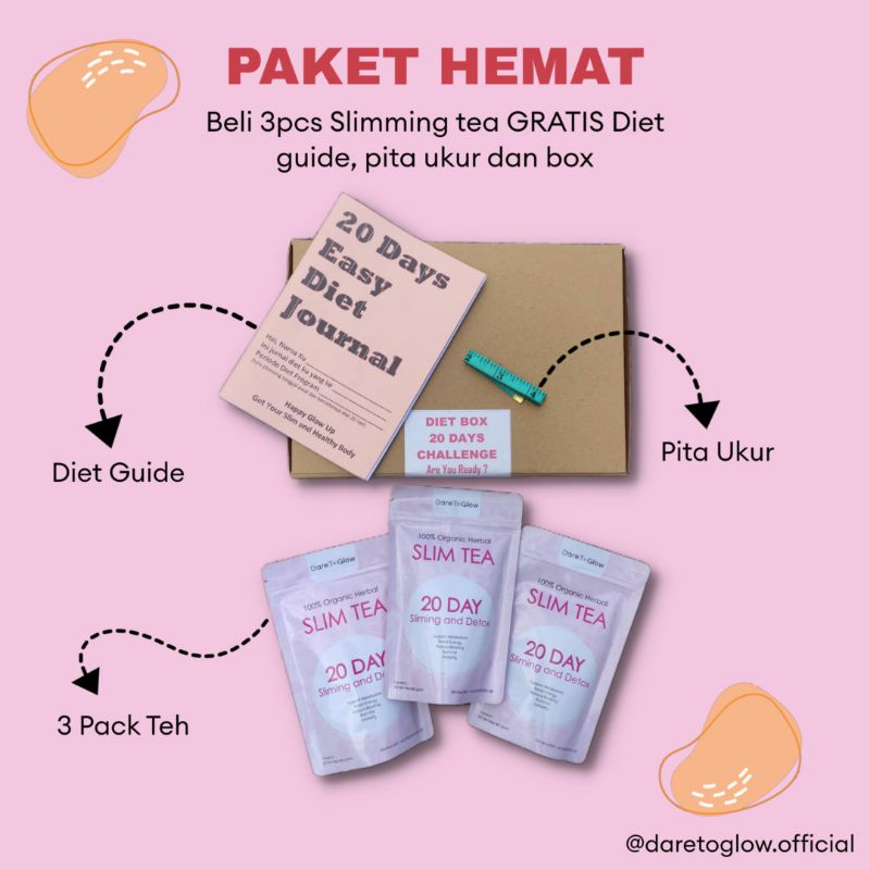 

SLIMMING TEA - 100% HERBAL ALAMI - PAKET BUNDLING 3 HANYA 150RB - FREE DIET GUIDE - PITA UKUR - BOX PACKAGE