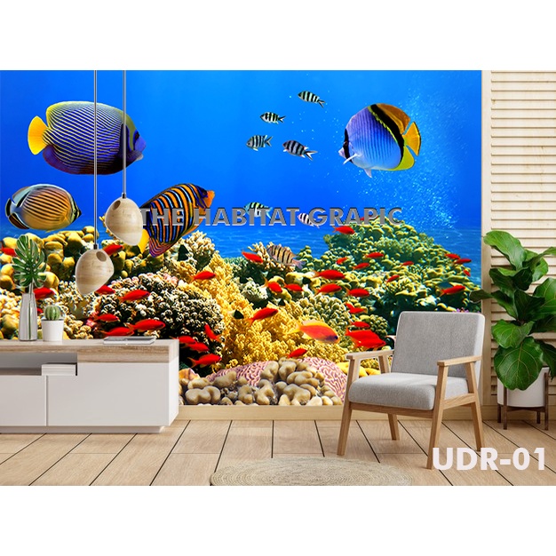 BERKUALITAS Wallpaper 3D Custom Motif Bawah Laut Ikan Lumba Lumba Underwater,Wallpaper Dinding Gamba