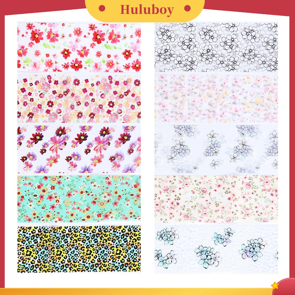 Huluboy Huluboy♡ 10 Lembar Stiker Kuku Motif Print Bunga Untuk Dekorasi Manicure
