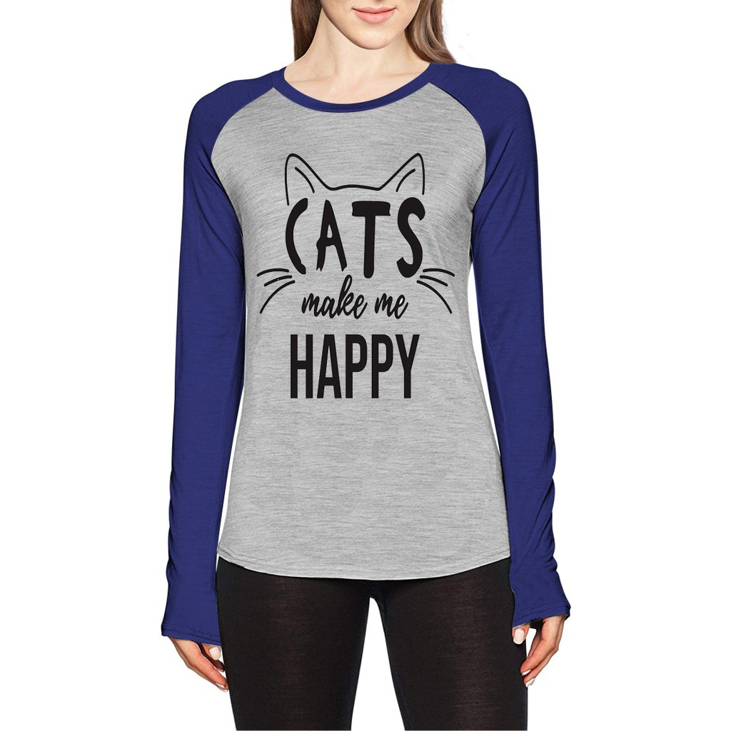 Kaos Raglan Gambar Happy Cat | Lengan Panjang | Ukuran M - L - XL -XXL