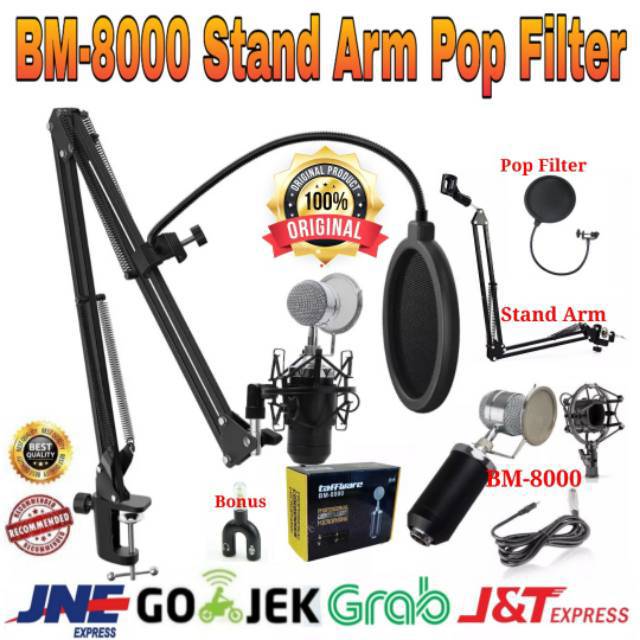 Microphone Condenser BM8000 Stand Arm Pop Filter  Rekaman Terbaik