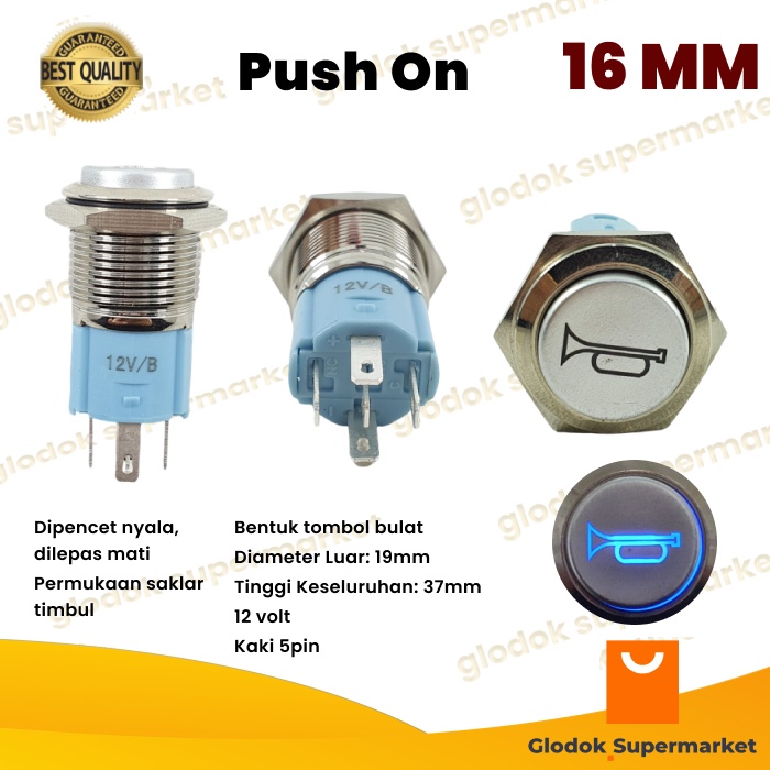 Switch Metal 16mm Push On 5 Pin Logo Terompet Saklar Klakson Stainless 16 mm LED Tombol Motor Momentary 12v