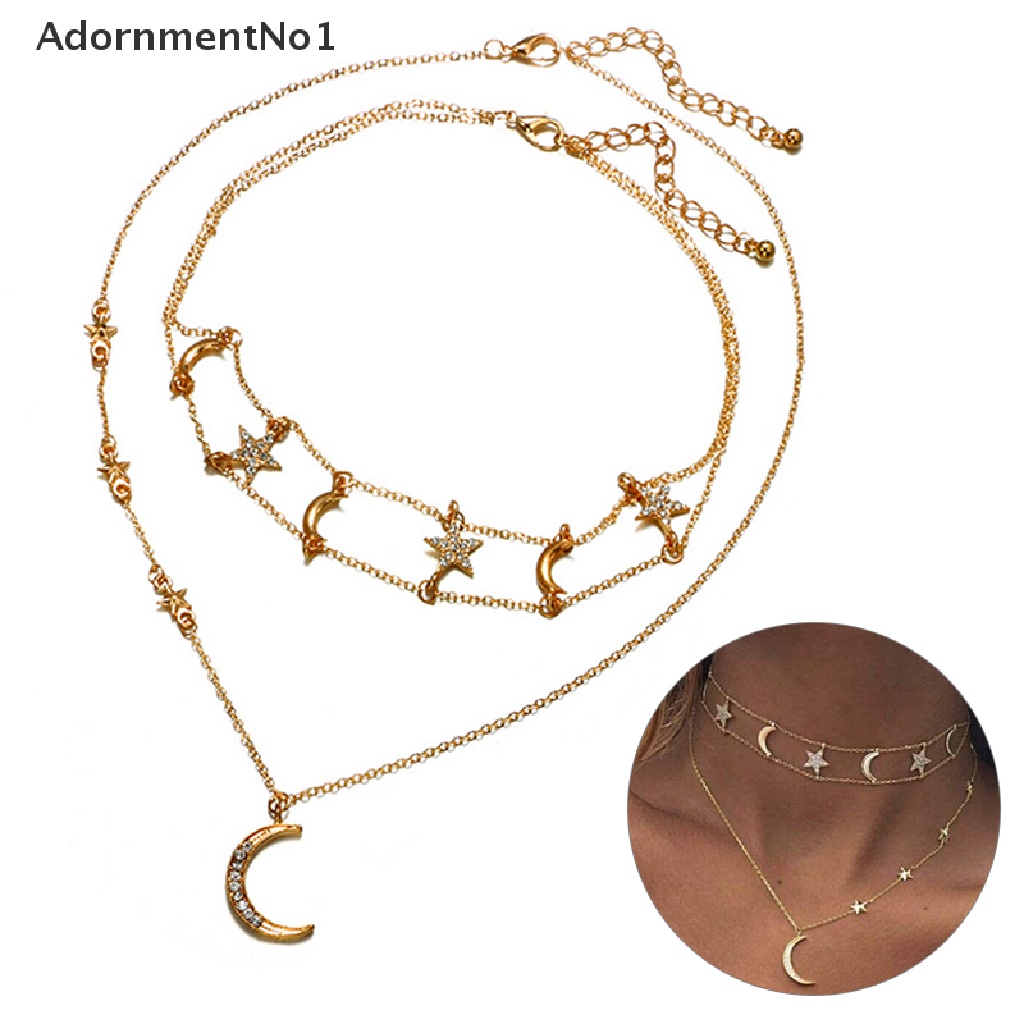 (AdornmentNo1) Kalung Choker Rantai Banyak Lapis Dengan Liontin Bulan + Bintang Warna Emas Untuk Wanita