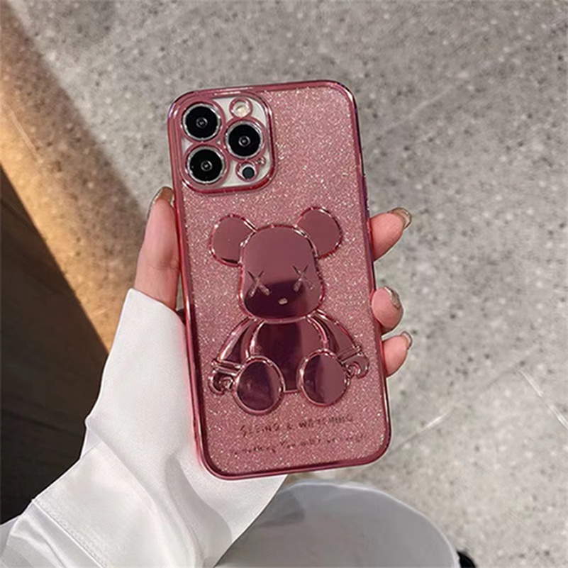 3D Bear Phone Case for iPhone 13 12 11 Pro Max X Xr Xs Max SE 2020 iPhone 8 7 6 6s Plus Luxury Plating Soft Case Silicone Soft TPU Casing All-inclusive Shockproof Protective Cover
