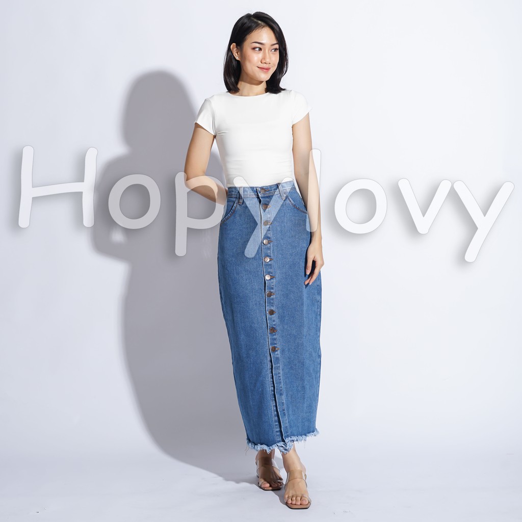 HOPYLOVY - Rok Jeans Panjang Wanita Kancing Depan Belah Front Slit Caca