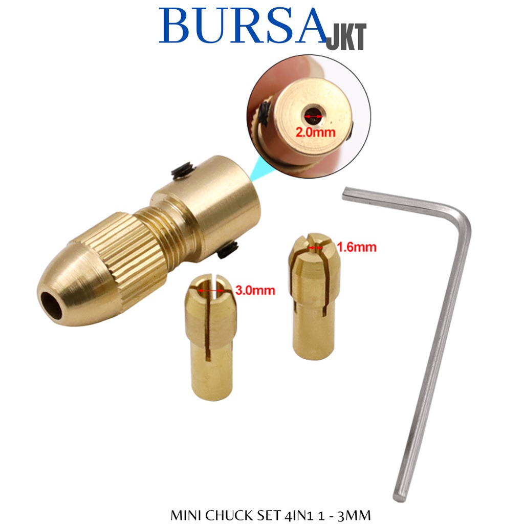 KEPALA BOR DRILL CHUCK MINI 1 - 3 MM BAHAN TEMBAGA KUNINGAN 4IN1