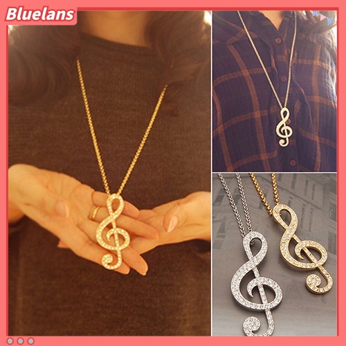 Bluelans Fashion Women Fully Rhinestone Music Note Pendant Long Chain Sweater Necklace