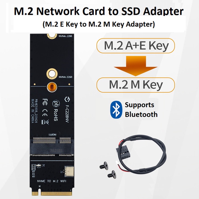 M.2 NGFF E-key WiFi Network Card to M-key SSD Adapter + BT cable