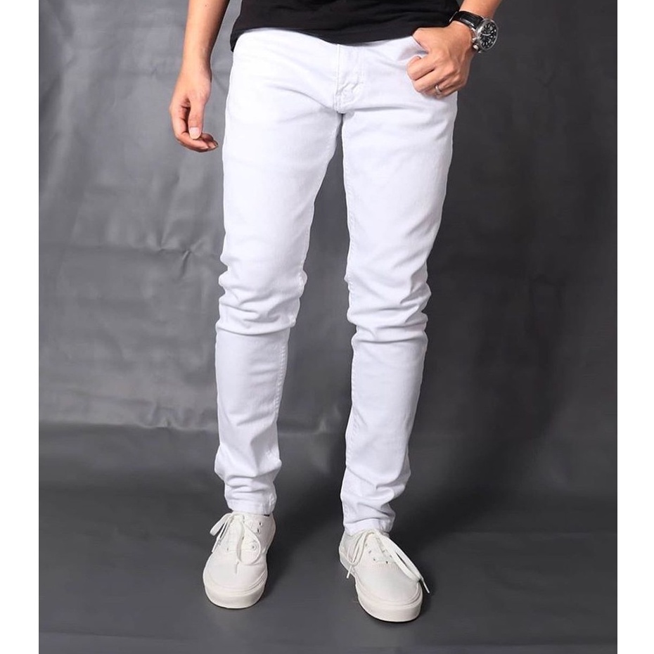 Celana Jeans Skinny Putih Cowok Slim Fit Stretch