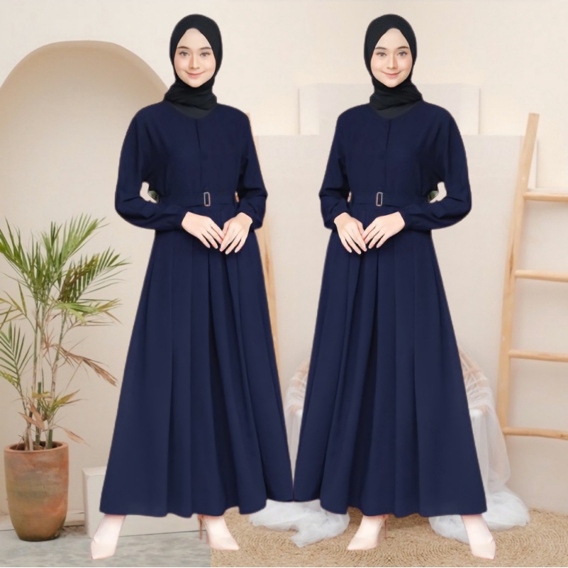 Baju Gamis Polos Premium /Gamis Hitam Remaja Wanita Murah All Size Terbaru-NAVY + BELT