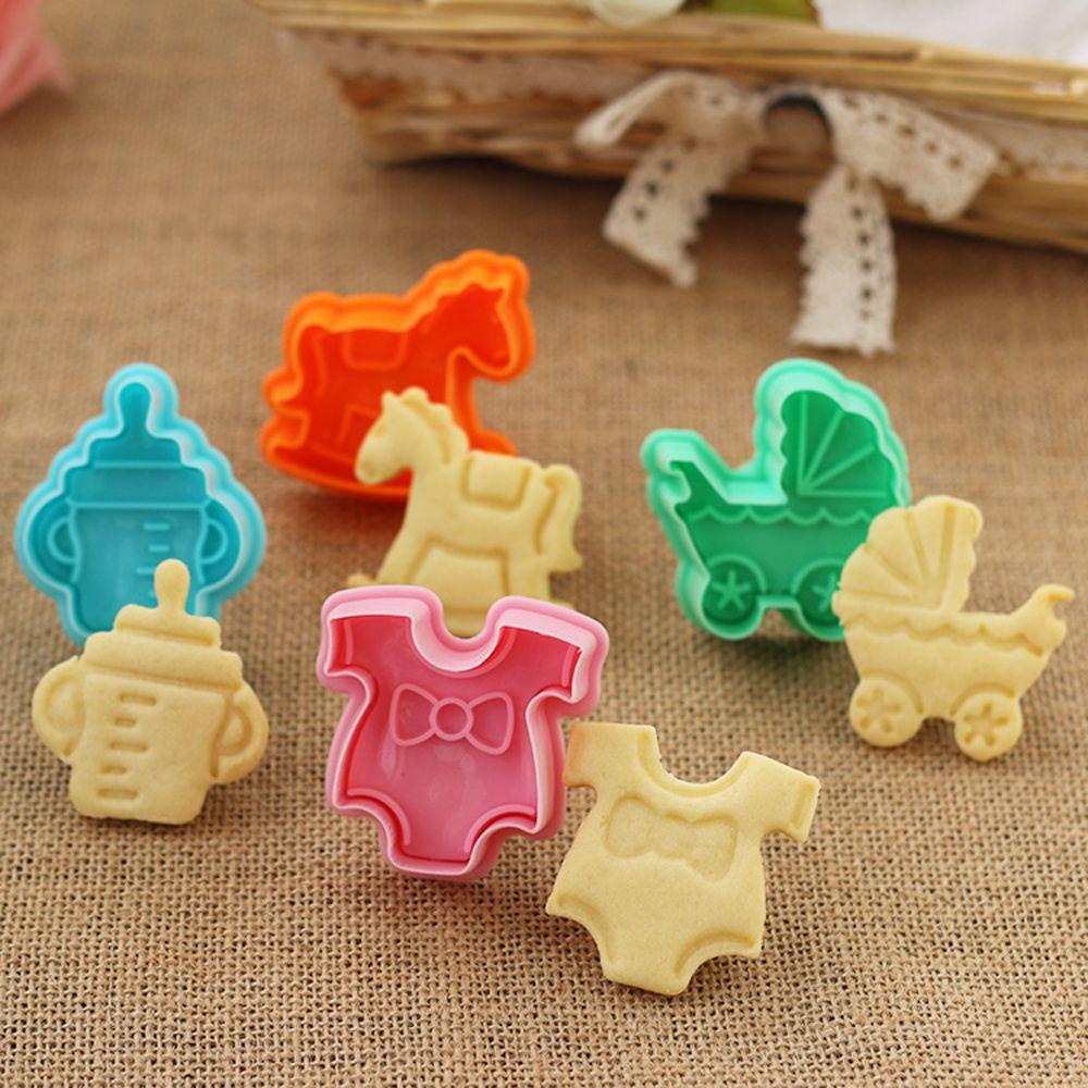 R-FLOWER 4pcs Cetakan Biskuit Bayi Alat Kue Plastik Plunger Dekorasi Kue Pastry Mold